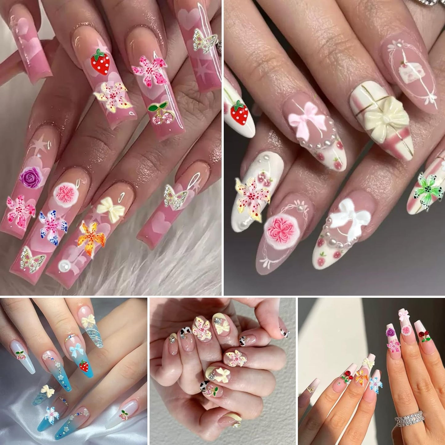 Flower Bow Nail Charms and Gems, 3D Resin Blossom Petals with Caviar Beads Charms for Nails Design，Flatback Pearl Charms Cherry Butterfly Rhinestone Nail Charms for Manicure DIY-BrightBean Baby