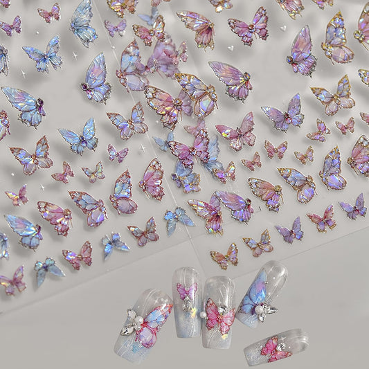 2 Sheets Butterfly Nail Art Stickers 5D Embossed Self-Adhesive Pink Aurora Sparkling Butterfly Nail Decals Designs for Women Girls DIY Nail Decoration-BrightBean Baby
