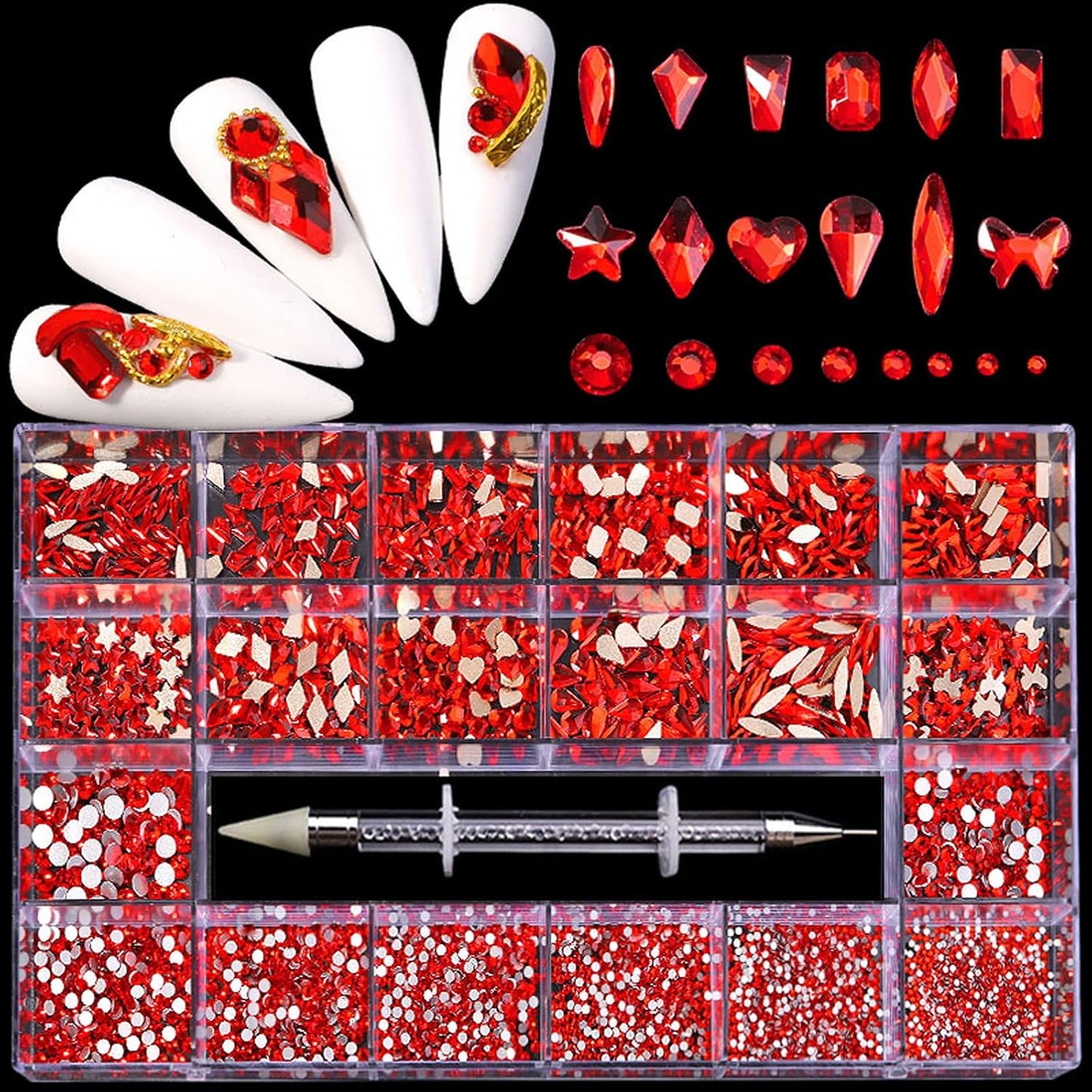 Nail Rhinestones Kit, Nail Art Decorations with Wax Pencil Flat AB Rhinestones Kit DIY Crafts Gemstones for Nail, Shoes, Clothes, Jewels (600 Red Diamonds + 2500 Flat Rhinestone)-BrightBean Baby