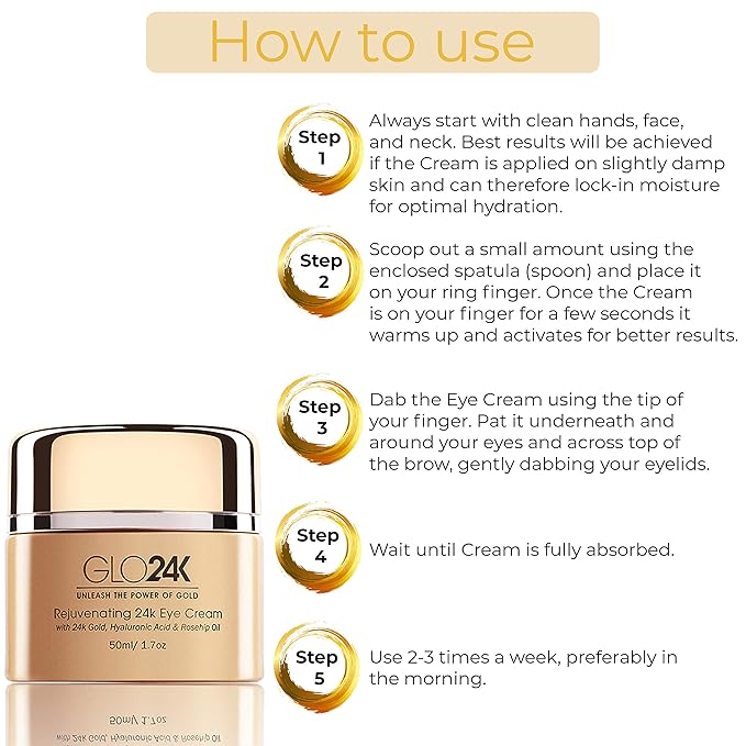 GLO24K Eye Cream with 24k Gold, Hyaluronic Acid, Rosehip Oil, and Vitamins. Minimizes wrinkles and fine-lines around the eyes-BrightBean Baby