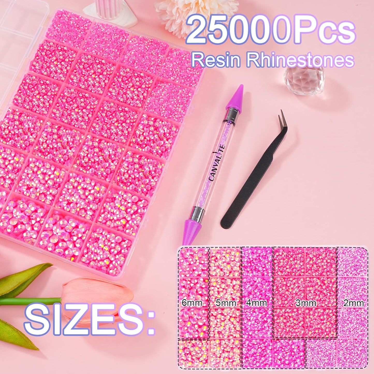 Canvalite 25000PCS Resin Jelly Rhinestones for Crafting,Hot Pink AB Flatback Gems, Bedazzling Crystal with 5x2.5g B7000 Jewelry Glue and Tweezers Dotting Pen for DIY Crafts Clothing Shoes Nail Art-BrightBean Baby