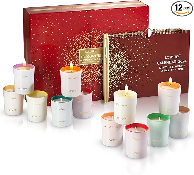 Womens Gifts, Candle Gifts for Women with 2024 Wall Calendar, 12 Unique Scented Aromatherapy Soy Candles & Gold Pen, 12 Month Advent Calendar, Home Candle Birthday Gift Set for Women & Men-BrightBean Baby