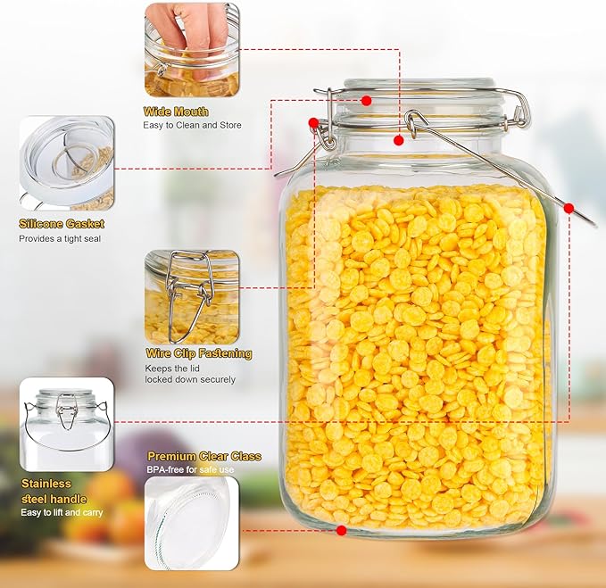 1 Gallon Airtight Glass Food Storage Jars Set of 2 with Lids, Extra Large Glass Storage Containers with Handle for Flour, Cereal, Coffee and Canning, Square Mason Jars with 8 Chalkboard Labels