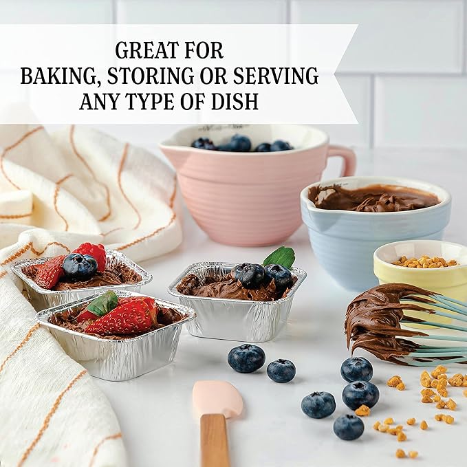 PLASTICPRO Disposable 3'' X 3 X 2'' Inch Square Aluminum Tin Foil Baking Pans Bakeware - Cookware Perfect for Baking Cakes,Brownies,Bread, Meatloaf, Lasagna, Pack of 25