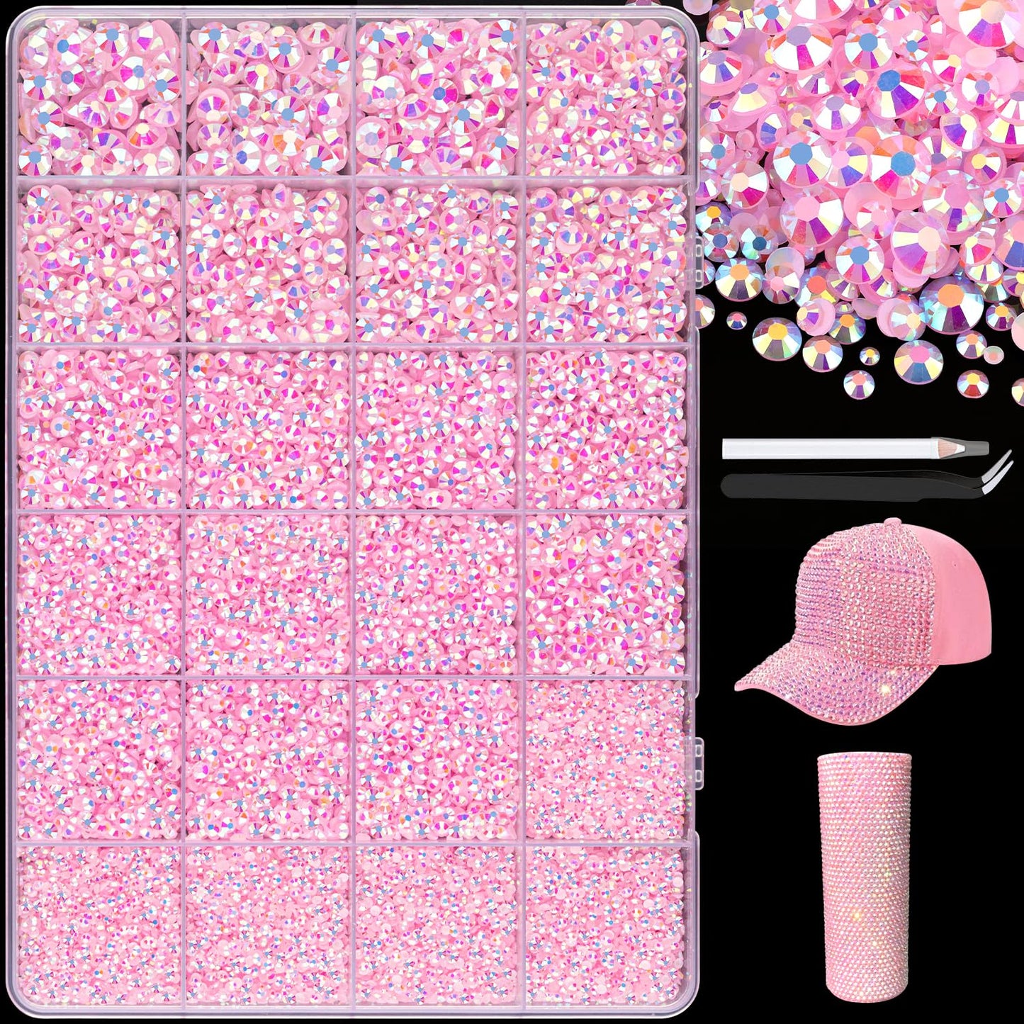25000Pcs Resin Rhinestones with Tweezers for Crafting, 2-6mm Mixed Sizes (Light Pink AB) Non Hotfix Flatback Gems, Bedazzling Crystal for DIY Crafts Clothing Tumblers Mugs Shoes Decor Nail Art-BrightBean Baby