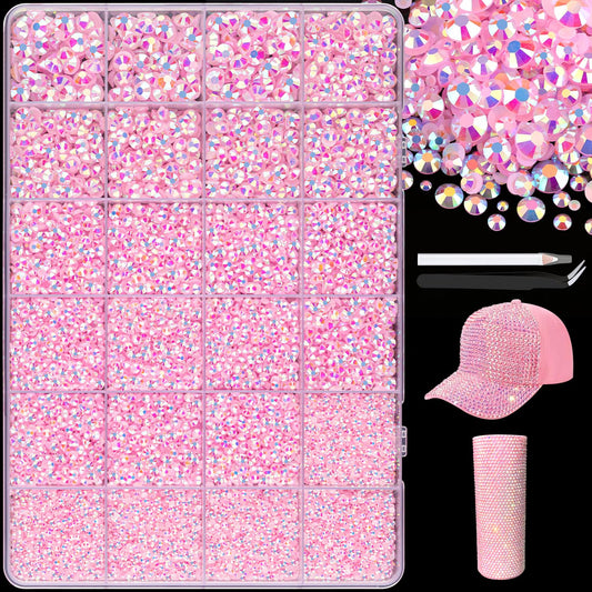 25000Pcs Resin Rhinestones with Tweezers for Crafting, 2-6mm Mixed Sizes (Light Pink AB) Non Hotfix Flatback Gems, Bedazzling Crystal for DIY Crafts Clothing Tumblers Mugs Shoes Decor Nail Art-BrightBean Baby
