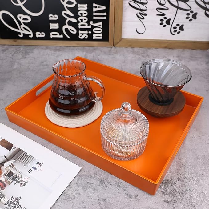 Ornage Serving Tray for Coffee Table, Rectangular Plastic Decorative Tray with Handles for Entertaining, Outdoor Patio, Living Room, Ottoman, Bathroom Counter, 11.8”*15.7”*1.6”