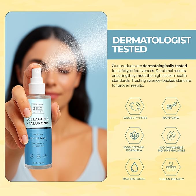 Hyaluronic Acid & Collagen Face Mist - Dermatologist Tested, Moisturizes & Tones Skin, Anti-Aging, Natural Ingredients, Cruelty-Free, 95% Natural - All Skin Types - 4 OZ-BrightBean Baby