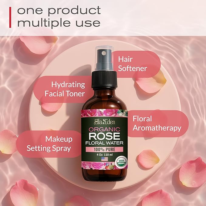 Ella & Eden Organic Rose Water Spray for Face, Hair 4 Fl Oz | USDA Certified 100% Pure Steam Distilled Hexane-Free | Hydrating, Refreshing Facial Mist for All Skin Types-BrightBean Baby