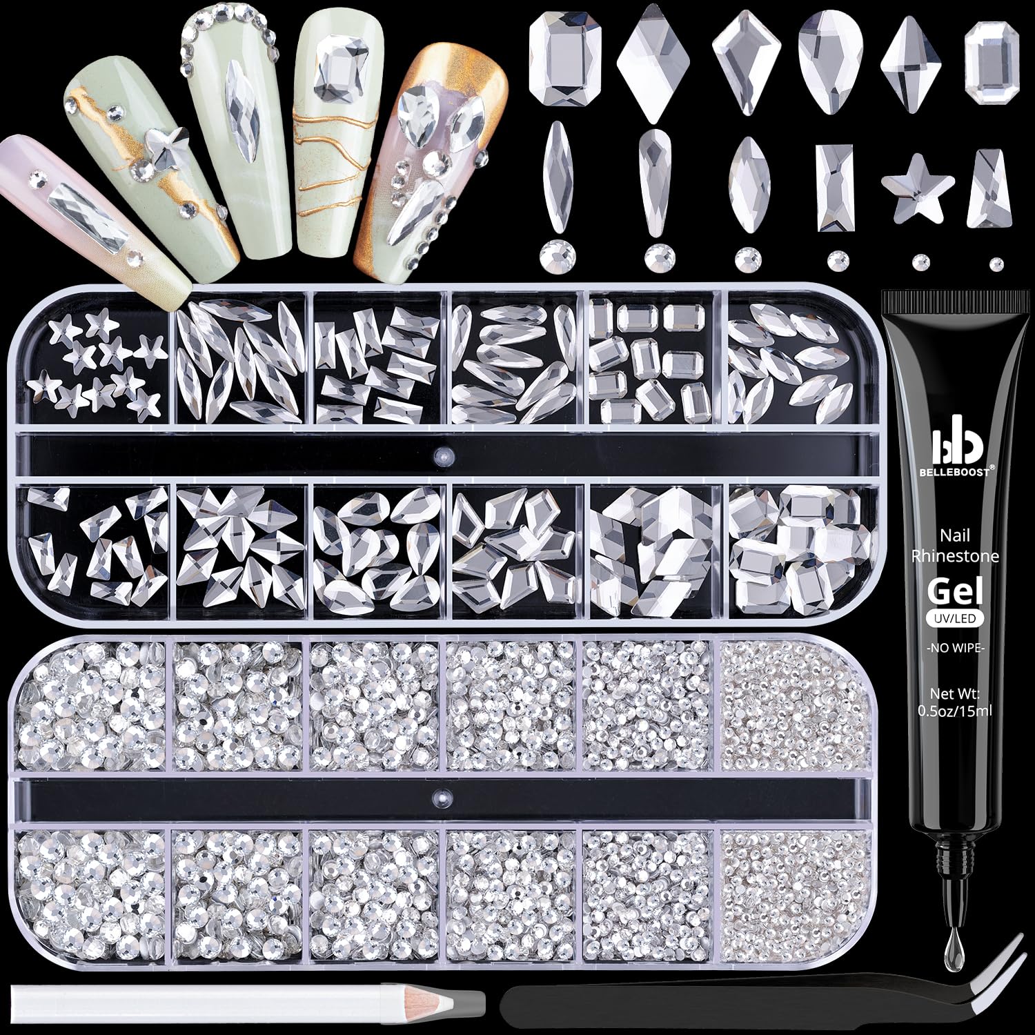 3220Pcs Silver Clear Nail Rhinestones 120Pcs Multi Shapes Glass Flatback Nail Gems + 3100Pcs 1.5-4mm Round Crystal with Rhinestones Glue Gel, Manicure Nail Charms Diamond Gemstones for Nail Art-BrightBean Baby