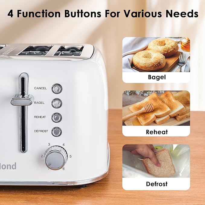 Roter Mond Toaster 4 Slice Retro Stainless Steel with Extra Wide Slots Bagel, Defrost, Reheat Function, Dual Independent Control Panel, Removable Crumb Tray, 6 Browning Levels, White