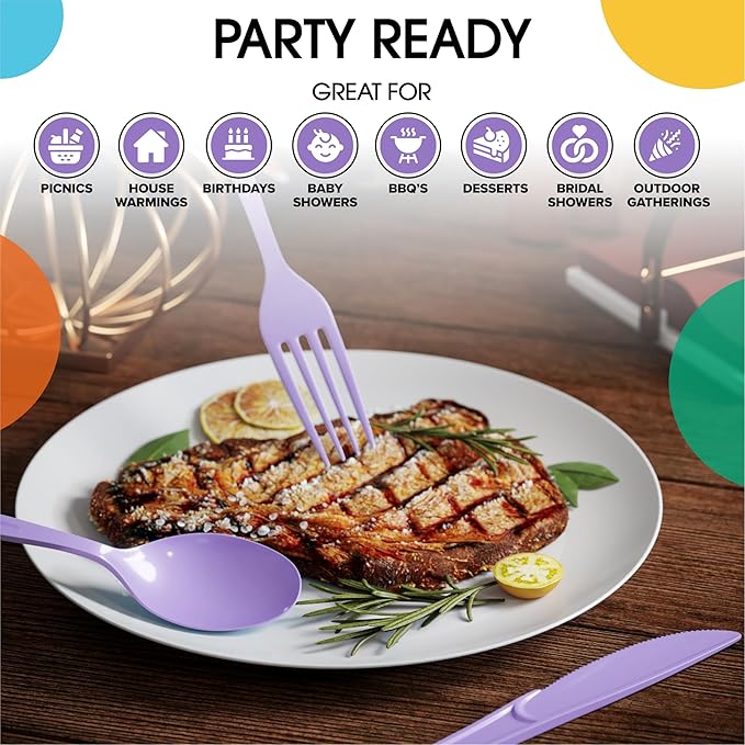 Party Solids Lavender Plastic Silverware Heavy Duty 300 Pieces Lavender Plastic Cutlery Sets, Utensil Sets, 100 Of Each Forks, Knives & Spoons Disposable Cutlery Set, Flatware Set For Party Supplies