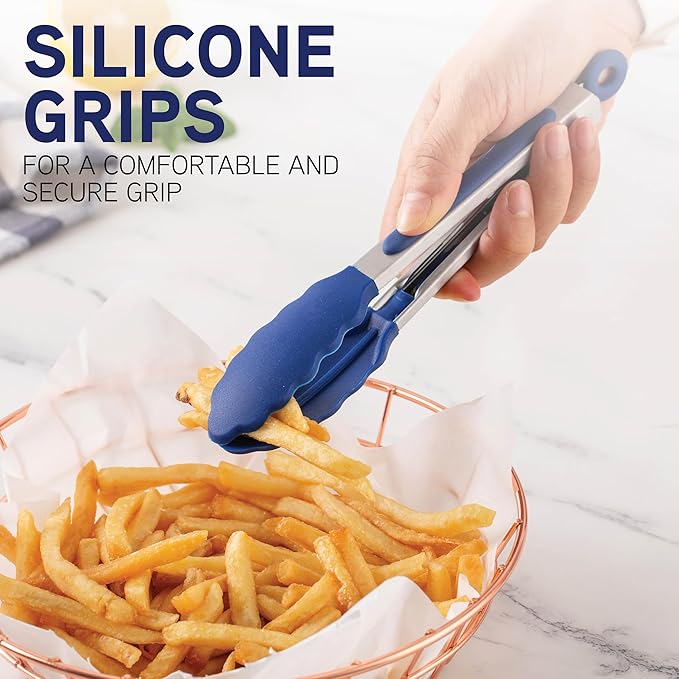 COOK WITH COLOR Stainless Steel Silicone Tipped Kitchen & BBQ Tongs Set, 3 Pc. Tongs, Blue