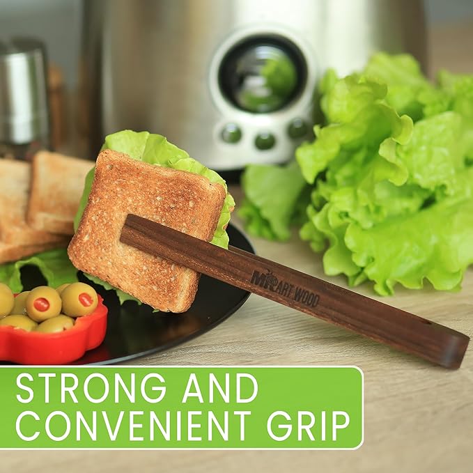 Magnetic Walnut Wooden Toaster Tongs | 8.7-Inch Kitchen Tongs for Cooking, Bread, Bacon, Bagels, and Muffins | Non-Toxic Design, A Durable Alternative to Bamboo, Perfect for Toaster, BBQ, and Grilling