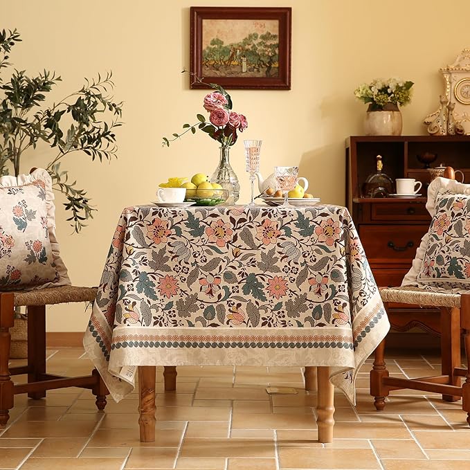 ISAENNE Designer Boho Floral Small Rectangular Tablecloth,Linen Lotus Flower Pattern Colorful Table Cloth,Durable Decor Tablecloths for Dining Thanksgiving Kitchen Christmas,55"*71"-Hazel A