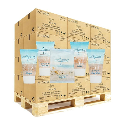 Aqua Organics Hotel Soaps and Toiletries Bulk Set | 1oz Hotel Shampoo & Conditioner, Body Wash, Body Lotion & 1oz Bar Soap Travel Size | Half Pallet 21 cases with 300 units each - 6,300 pieces-BrightBean Baby