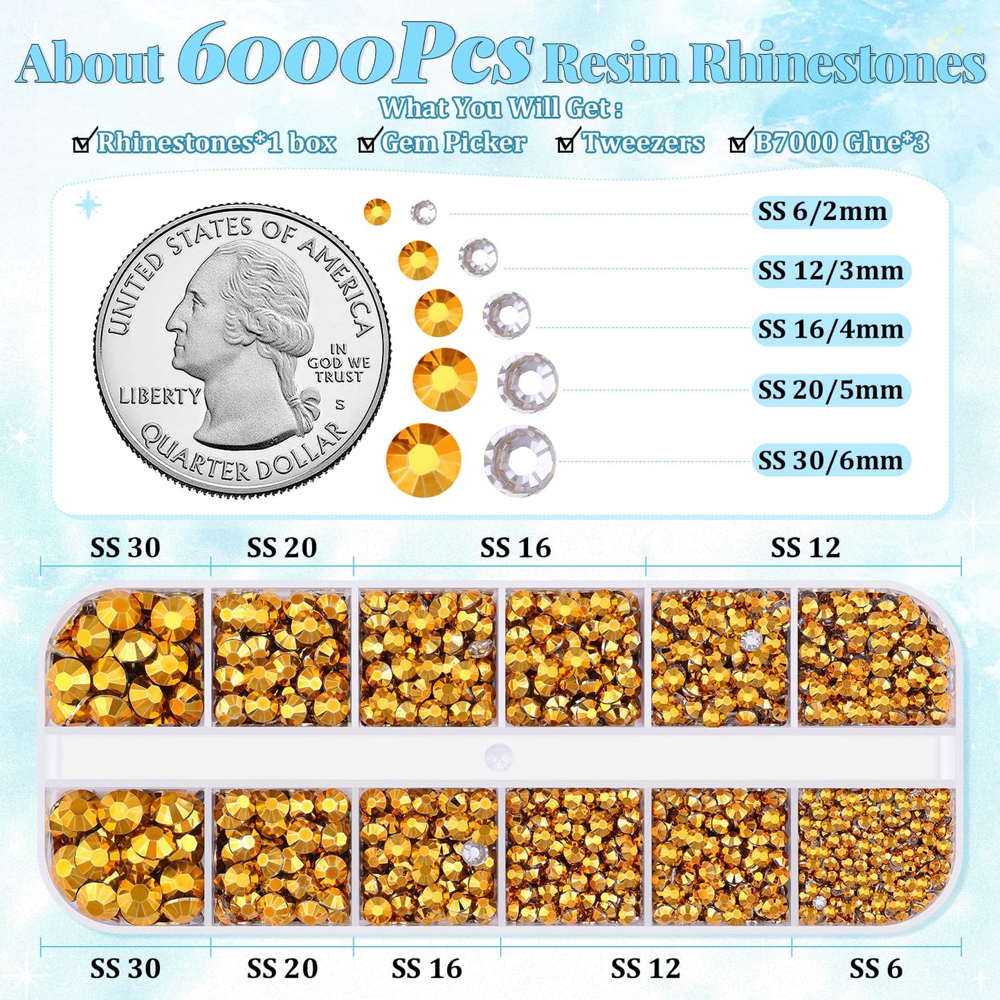 6000Pcs Resin Rhinestones for Bedazzling with 3Pcs B7000 Jewelry Glue, 1 Box Mine Gold Flatback Rhinestones for Crafting Crafts DIY, Crystals Gems for Clothing Shoes Tumblers Nail Art Makeup-BrightBean Baby