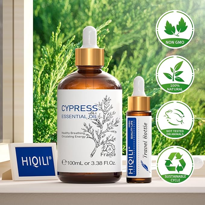 HIQILI 100ML Cypress Essential Oil, 100% Natural for Diffuser, Skin Care, Includes 10ML Travel Bottle - 3.38 Fl Oz-BrightBean Baby