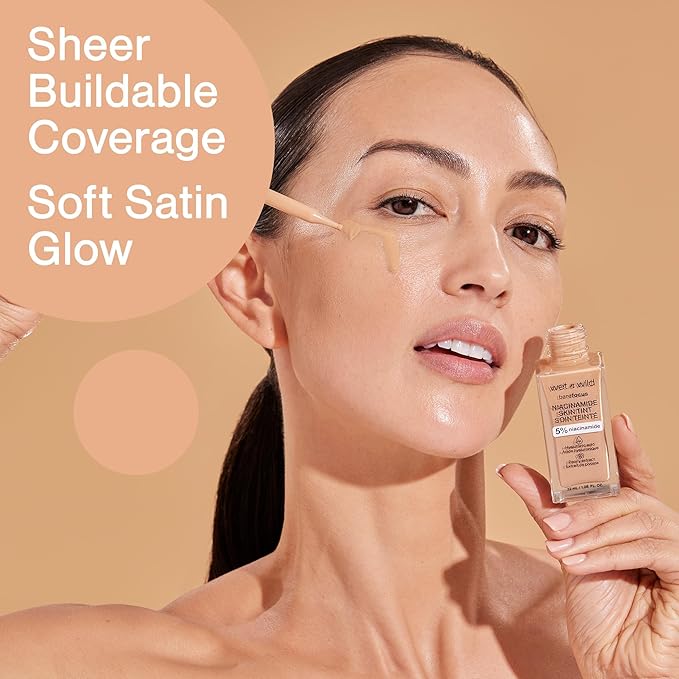 wet n wild Bare Focus Skin Tint, 5% Niacinamide Enriched, Buildable Sheer Lightweight Coverage, Natural Radiant Finish, Hyaluronic & Vitamin Hydration Boost, Cruelty-Free & Vegan - Light-BrightBean Baby