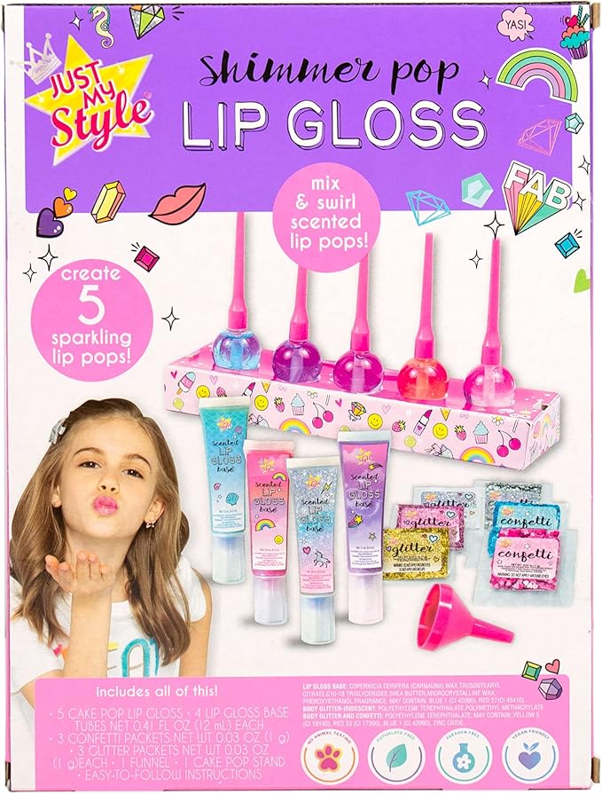Just My Style Shimmer Pop Lip Gloss, Create 5 Lollipop-Shaped Lip Glosses, Includes Funnel, Empty Lip Gloss Containers, Sweet Lip Gloss Base, Body Glitter & More, DIY Lip Gloss, Multi (208316J)-BrightBean Baby