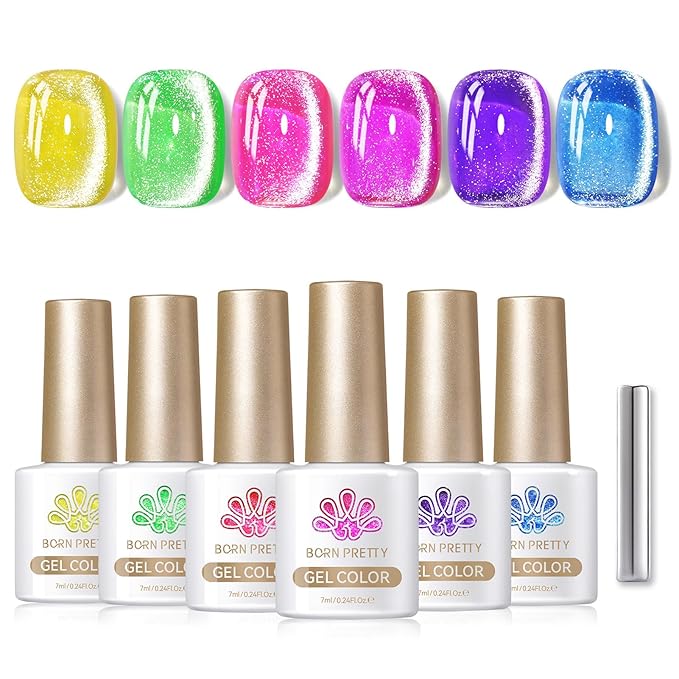 Born Pretty Cat Magnetic Eye Gel Nail Polish Spring Summer Neon Shimmer Glitter Holographic Cat Magnetic Eye Gel Crystal Glass Cat Magnetic Gel Polish Nail Art Manicure DIY at Home 6PCS-BrightBean Baby