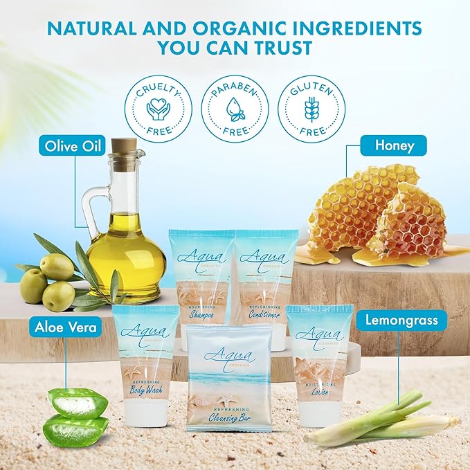 1-Shoppe All-In-Kit|Aqua Organics Amenity Kit|Boxed Hotel Toiletries|Bulk Set 1oz Travel Size Shampoo,Conditioner,Lotion,Body Wash & Bar Soap for Guest Hospitality AirBnB/Vacation Rentals|5 Pieces-BrightBean Baby