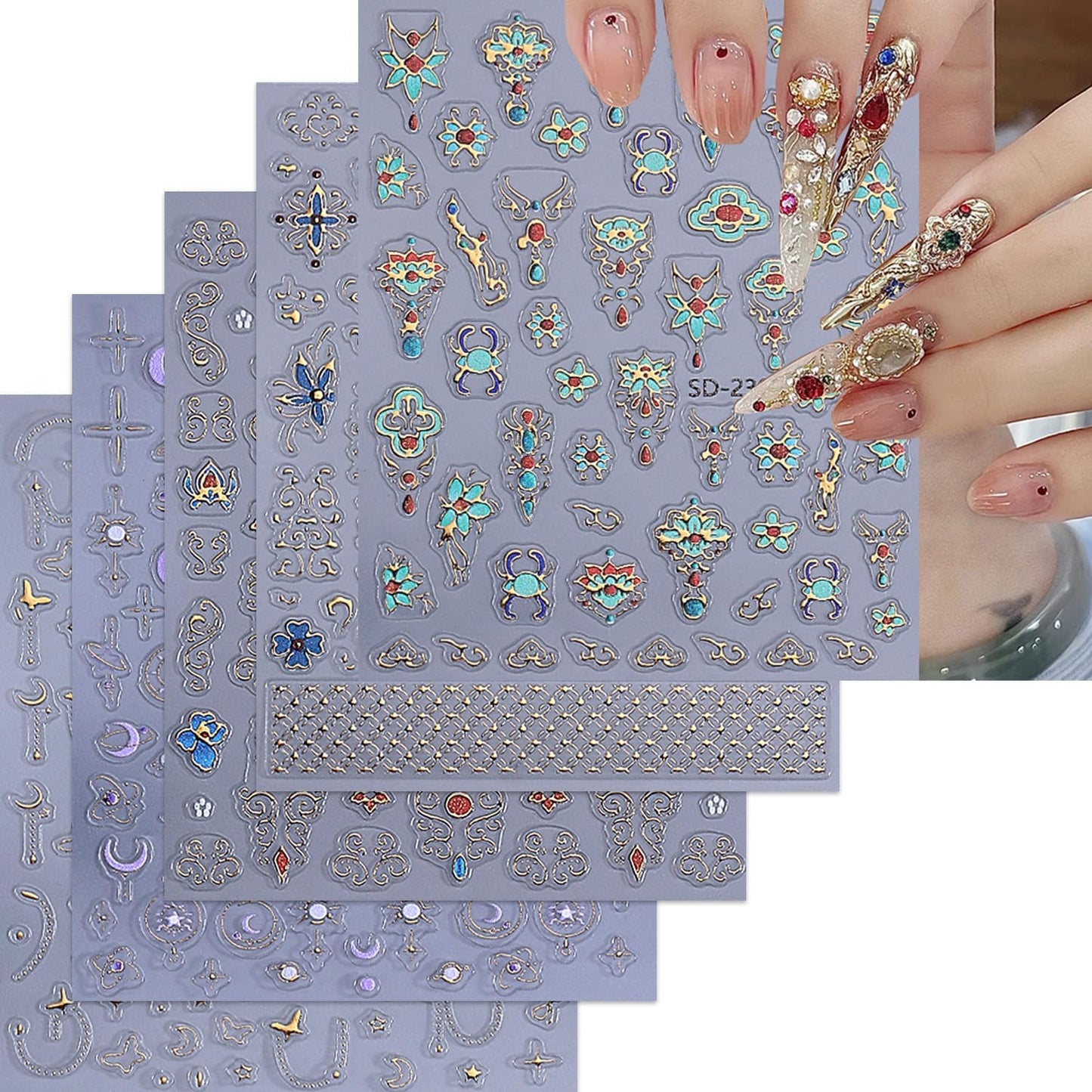 5 Sheets Bohemian Style Nails Art Stickers 3D Self-Adhesive Relief Nails Stickers Stars Moon Sun Golden Butterfly Flower Nail Decal Supplies Women's DIY Bohemian Nail Art Decoration-BrightBean Baby