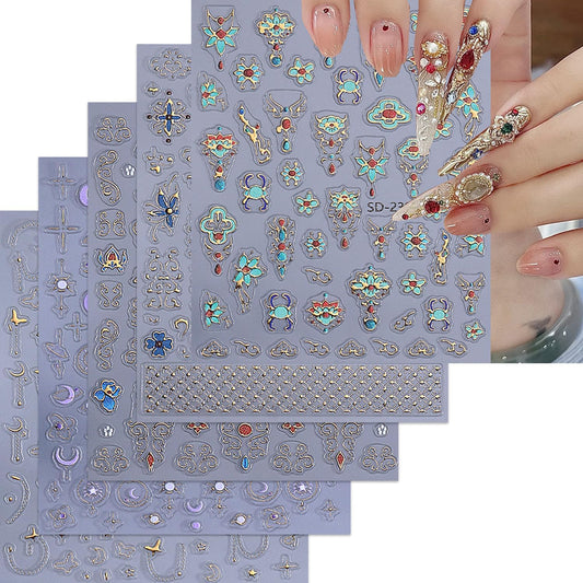 5 Sheets Bohemian Style Nails Art Stickers 3D Self-Adhesive Relief Nails Stickers Stars Moon Sun Golden Butterfly Flower Nail Decal Supplies Women's DIY Bohemian Nail Art Decoration-BrightBean Baby