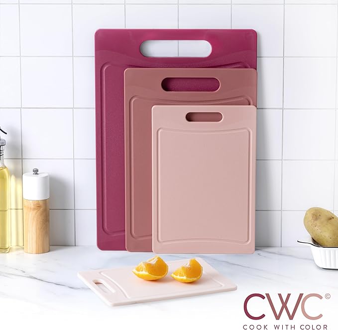 COOK WITH COLOR Non-Slip Cutting Board Set – Kitchen Essentials with Easy Grip Handle for Meat, Veggies, and Fruits, 4 Cutting Boards, Rose