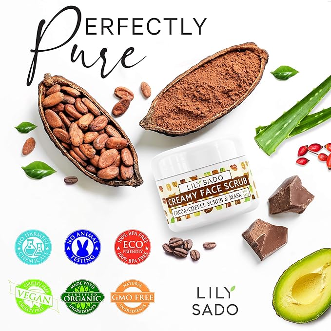 LILY SADO LILY SADO Cocoa & Coffee Creamy Face Scrub - Best Exfoliating VEGAN Facial Cleanser for Women & Men - Natural Face Wash Exfoliates & Energizes Skin, Treats Acne & Reduces Pore Size - 4 oz-BrightBean Baby