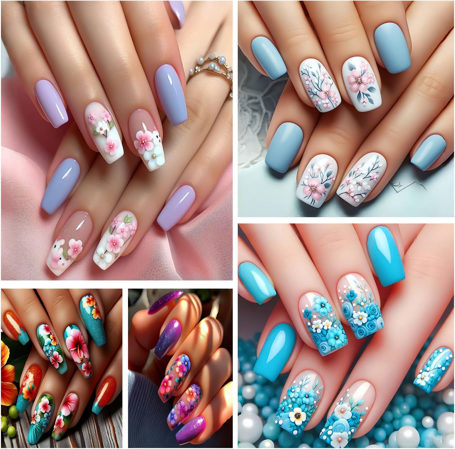 6 Sheets Flower Nail Art Stickers 3D Self-Adhesive Spring Summer Nail Sticker Butterfly Nails Art Decals Holographic Floral Nails Decal Decoration for Women Blossom Manicure DIY Nail Supplies-BrightBean Baby