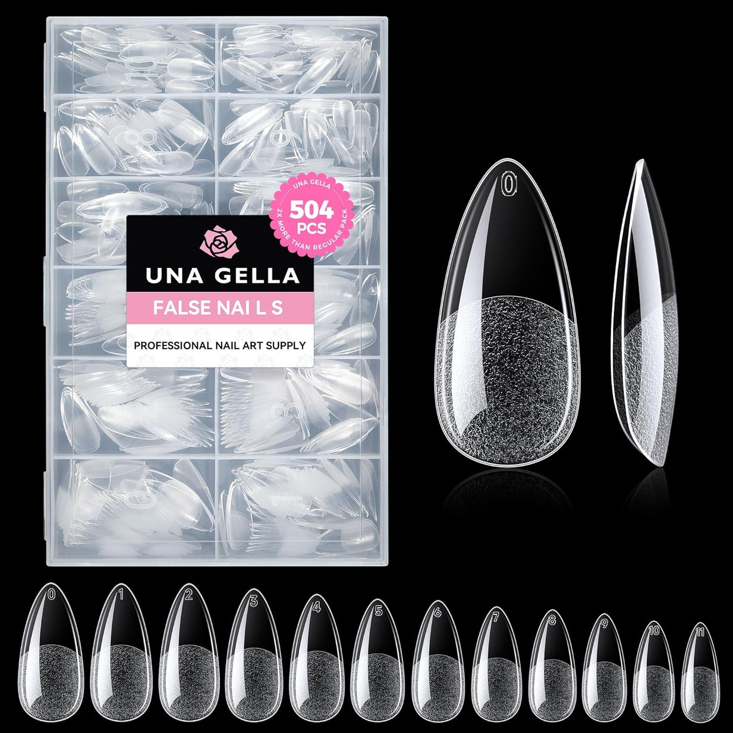 UNA GELLA Almond Gel Nail Tips, 504PCS Pre Etched Clear Fake Nails Tips Medium Almond Shape - 12 Sizes Full Cover Soft Acrylic Press On Nail Extensions No C Curve Gift for Diy at Home-BrightBean Baby