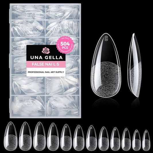UNA GELLA Almond Gel Nail Tips, 504PCS Pre Etched Clear Fake Nails Tips Medium Almond Shape - 12 Sizes Full Cover Soft Acrylic Press On Nail Extensions No C Curve Gift for Diy at Home-BrightBean Baby