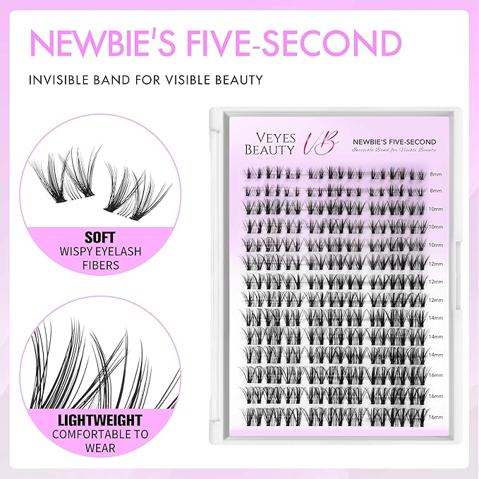 VEYESBEAUTY Lash Clusters Eyelash Extensions Thin & Invisible Band DIY Individual False Eyelashes Newbie's Five-Second Series Wispy Lash Tray for Self-application, Whisper Lashes 8-16mm Mixed Length-BrightBean Baby