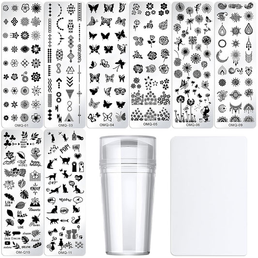AddFavor Nail Stamper Kit 8pcs Stamping Plates Minimalist Geometric Butterfly Leaf Image Template for DIY Decorating Polish Gel Plate Print Stamper Manicure Stencils Tools-BrightBean Baby