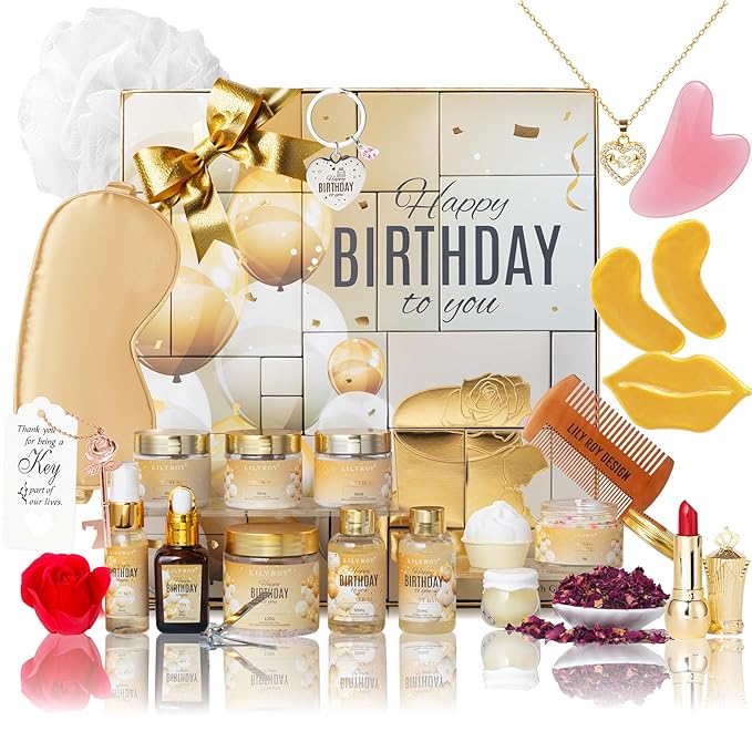 24Pcs Happy Birthday Gifts for Women Mom - Luxury Birthday Presents Spa Gift Set, Bath and Body Gift for Sister Girlfriend Wife Grandma with Necklace, Birthday Gift Set Idea for Women Female Friends-BrightBean Baby