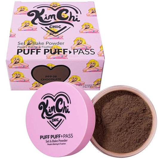 Kimchi Chic Beauty Puff Puff Pass Set and Bake Powder, Loose Face Powder with Extra Fluffy Setting Powder Puff, Soft Brown Face Makeup for Uneven Skin Tone, 08 Chocolate-BrightBean Baby
