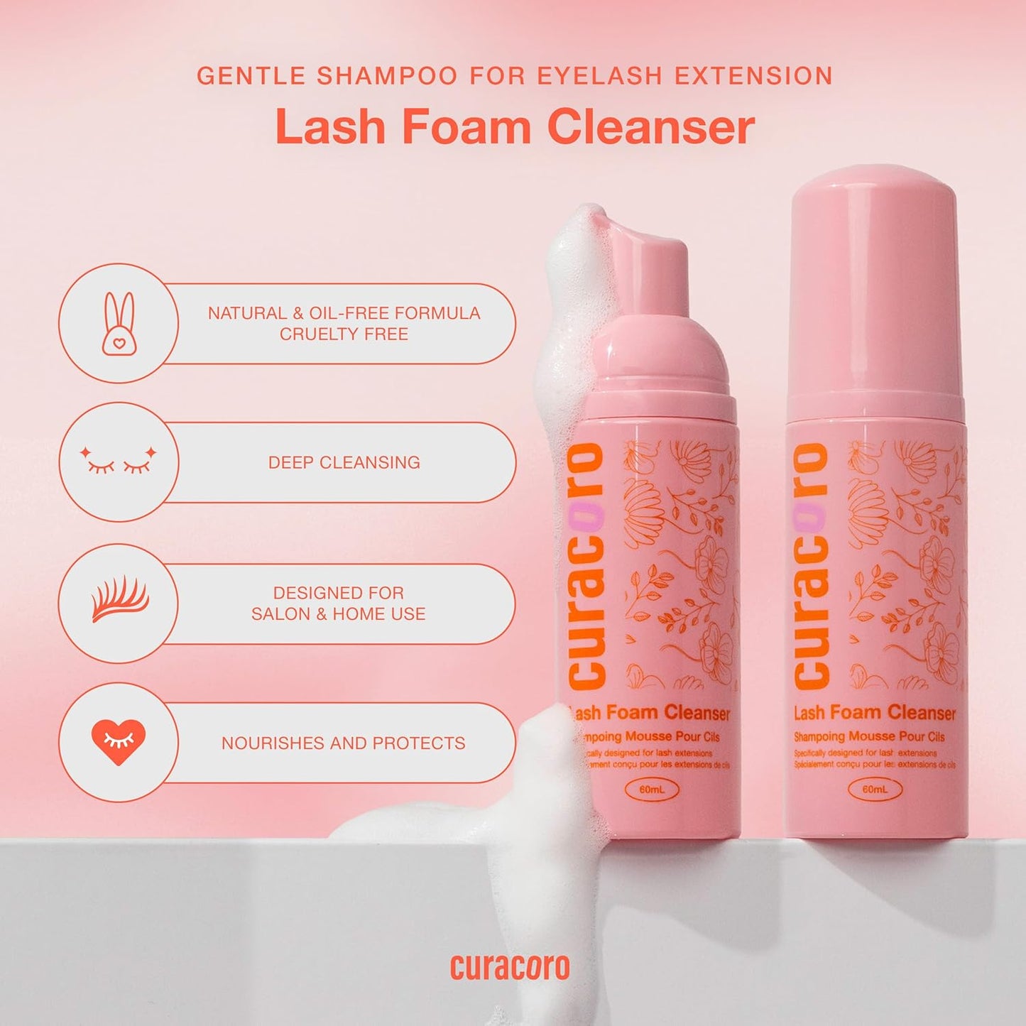 Curacoro 60ML Eyelash Extension Cleanser - Lash Shampoo for Lash Extensions, Eyelash Extension Foam Cleanser for Dry & Sensitive Skin, Gently Removes Waterproof Makeup for Professional & Home Use-BrightBean Baby