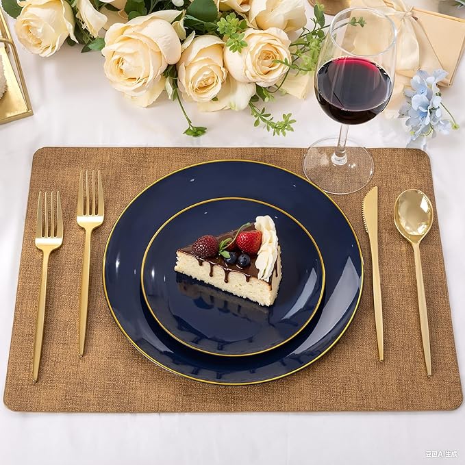 bUCLA 100PCS Blue Plastic Plates - Navy Blue Disposable with Gold Rim, Include 50 Each (10 inch Dinner & 7 inch Dessert) Plates, Ideal for Party
