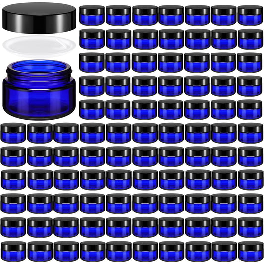 Domensi 100 Pcs 1 oz Glass Jars with Lids Bulk Round Glass Cosmetic Jars Lids 1 oz Small Travel Containers with Inner Liner for Lotions Powders Ointments Sample Cream(Cobalt Blue, Black)-BrightBean Baby