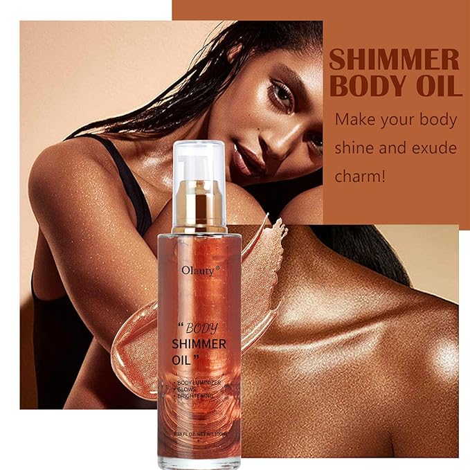 Shimmer Body Oil-Pearl White Face Brighten Glow Pearl Highlighter Liquid Illuminator Body Glow Oil,4 Color Bronze Makeup Glitter Body Shimmer Oil with Makeup Brush-BrightBean Baby