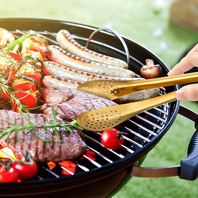 8 PCS Serving Tongs 9 Inch, Gold Tongs for Serving Food, Stainless Steel Tongs for Serving, Serving Utensils Cooking Clips for Buffet, Appetizer, Dessert, Parties