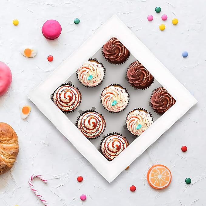16 Sets of 9-Count White Cupcake Boxes with Window and Insert, 9x9x3 Inch, Suitable for Cupcakes, Muffins, and Cookies