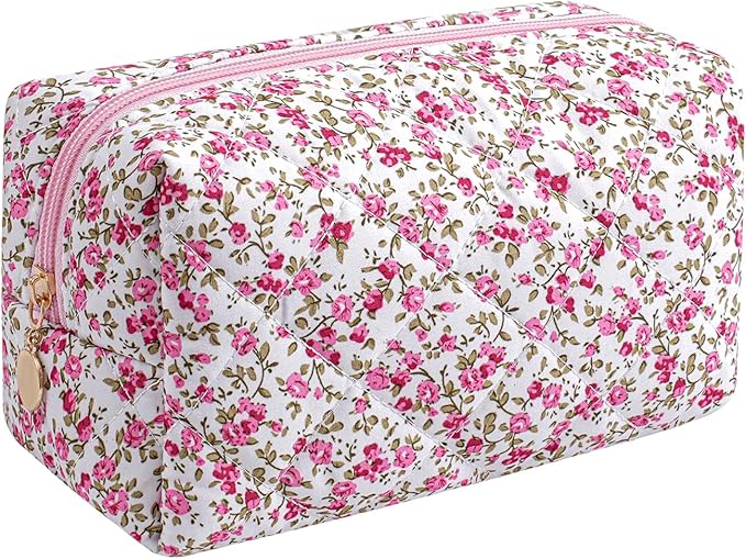 Makeup Bag Travel Cosmetic Bag for Women Girls, Zipper Make Up Pouch, Floral Flowers Toiletry Organizer Makeup, Portable Storage Cosmetic Travel Cloth Bag (Red-Floral)-BrightBean Baby