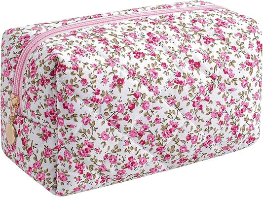 Makeup Bag Travel Cosmetic Bag for Women Girls, Zipper Make Up Pouch, Floral Flowers Toiletry Organizer Makeup, Portable Storage Cosmetic Travel Cloth Bag (Red-Floral)-BrightBean Baby
