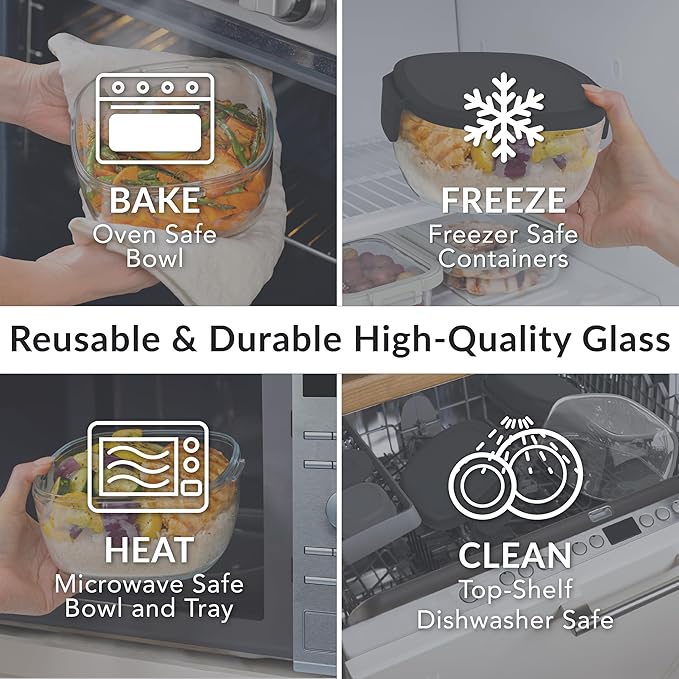 Bentgo Glass All-in-One Salad Container - Large 61-oz Salad Bowl with Lid, 4-Compartment Bento-Style Tray, 3-oz Sauce Container, and Reusable Fork - Dishwasher, Microwave, and Oven Safe (Black Onyx)