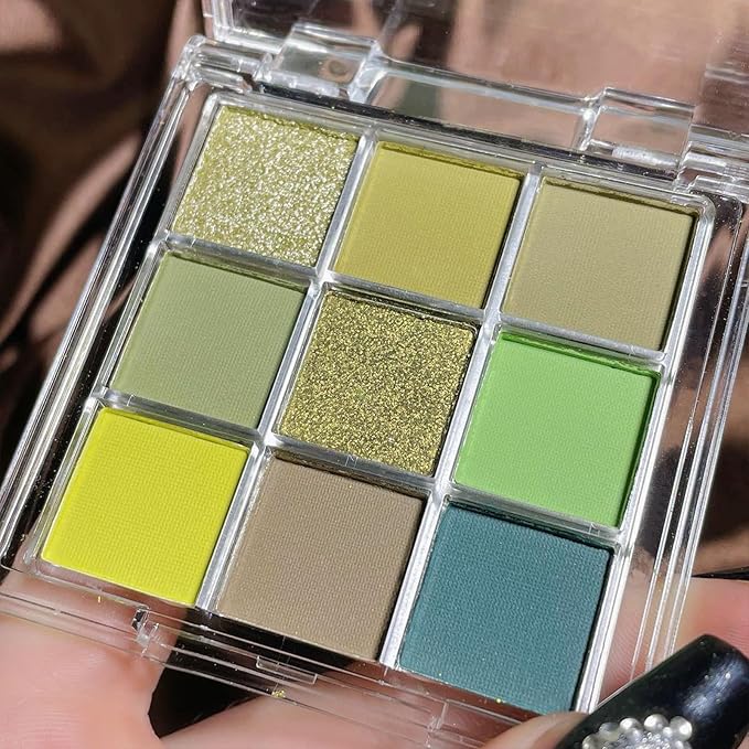 Erinde 9 Colors Eyeshadow Palette, Matte Shimmer Glitter Eye Shadow Palette Makeup, Highly Pigmented Long Lasting Waterproof, Natural Neutral Nude Eyeshadow Make Up Pallet, Yellow Green-BrightBean Baby