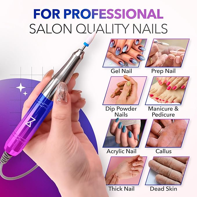 M Mase- Professional Nail Drill Machine - Coreless 2-in-1 Nail File - Electric, Cordless, 35000 RPM, HD Display - Electric Nail Drill for Professional & Home Use (Unicorn Pink Blue)-BrightBean Baby