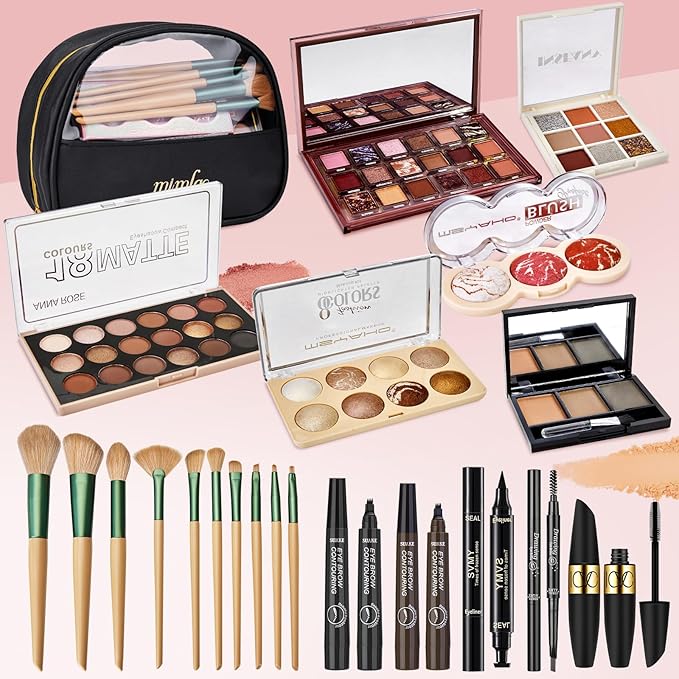 All In One Makeup Kit for Women, Travel Makeup Kit, Make Up Sets Valentine's Day Gift, Includes Eyeshadow Palette Highlighter Contour Blush Eyeliner Eyebrow Powder Mascara Cosmetic Brushes Makeup Set-BrightBean Baby