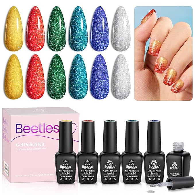 Beetles Glitter Gel Nail Polish, 6 Colors Red Green Gel Nail Polish Set Soak Off Uv LED Nail Lamp Reflective Glitter Nail Art DIY Home Nails Manicure Gifts for Women Her Girls-BrightBean Baby